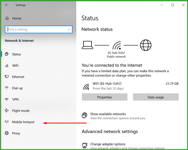 windows settings, network status